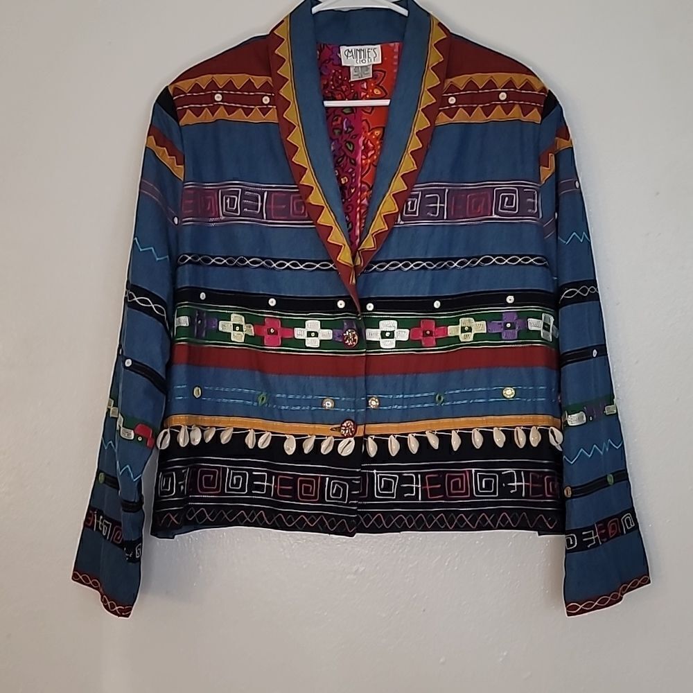 Minnies Closet Vintage Boho Aztex Color Pop Denim Embroidered Blazer Jacket